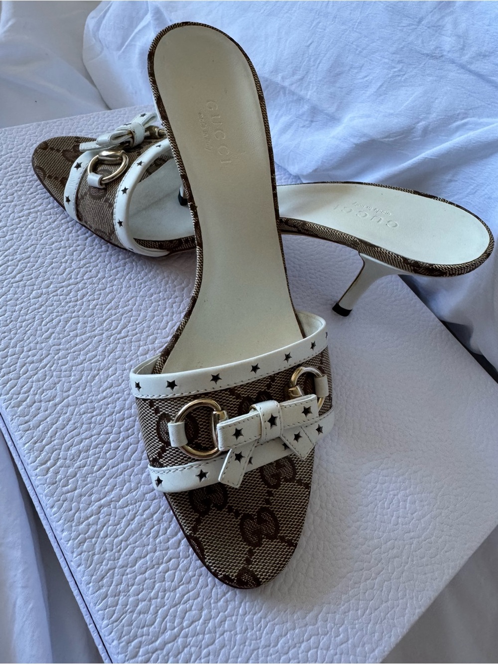 Gucci Brown Monogram Canvas Mules with White Star-Trim and Gold Horsebit